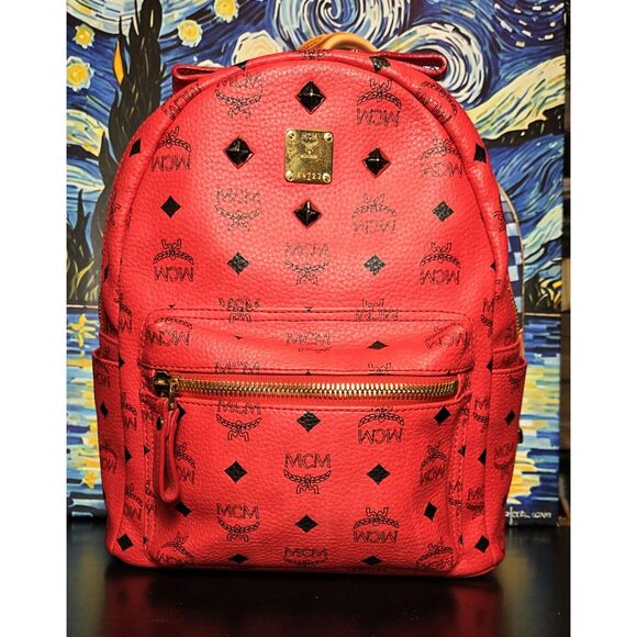 EUC - MCM Red Monogram Visteous Studded Backpack - Picture 1 of 12